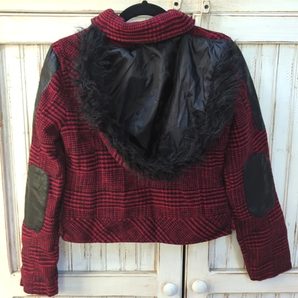 Dollhouse, red and black herringbone pattern short jacket with hood. Sma…